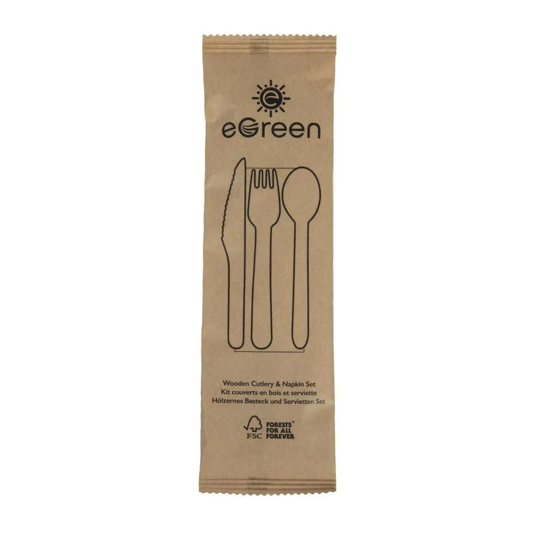 FS168 eGreen Individually Kraft Wrapped 4-in-1 Wooden Cutlery Set (Pack of 250) - JD Catering Equipment Solutions Ltd