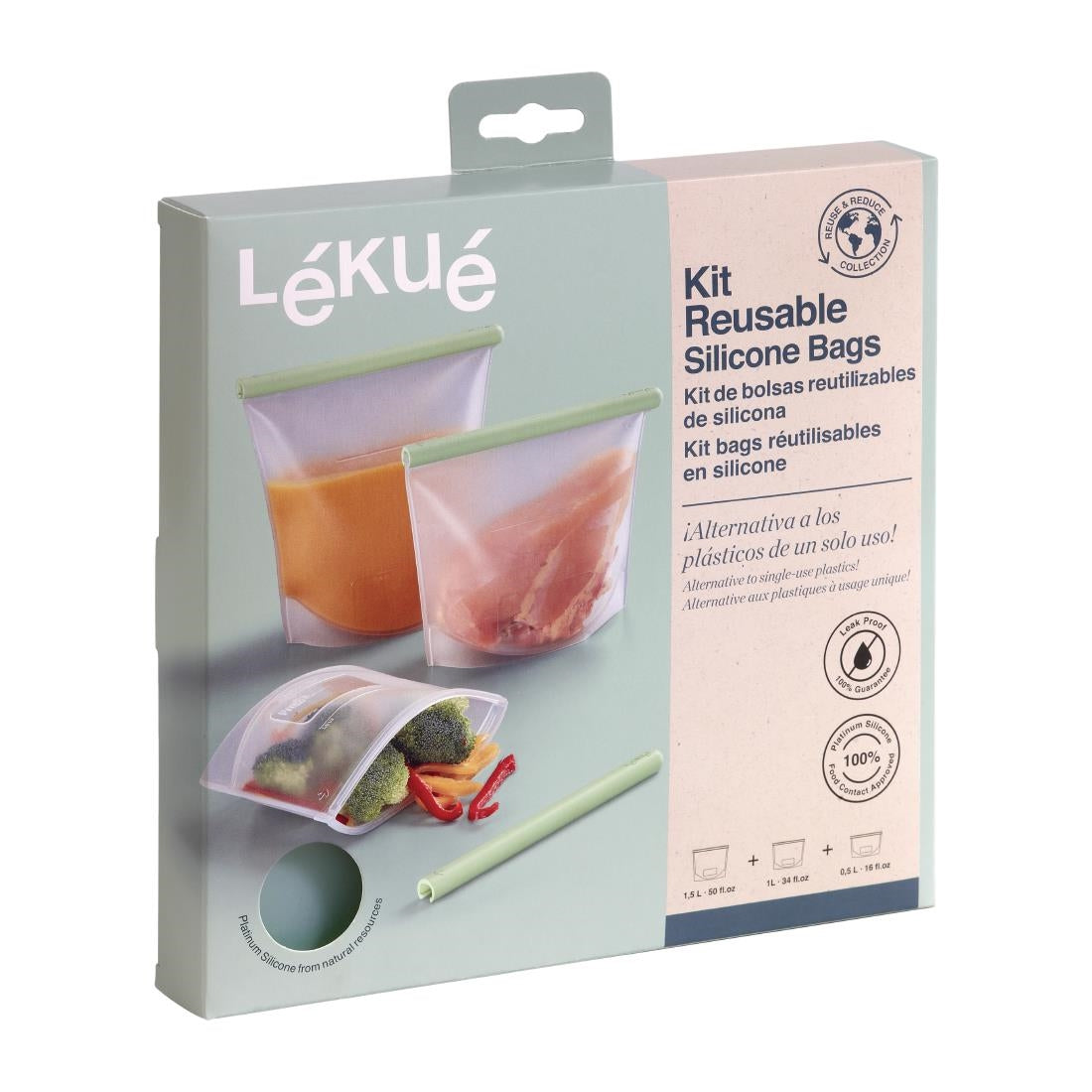 FS288 Lekue Reusable Silicone Food Storage Bag Kit (500ml + 1L + 1.5L) JD Catering Equipment Solutions Ltd