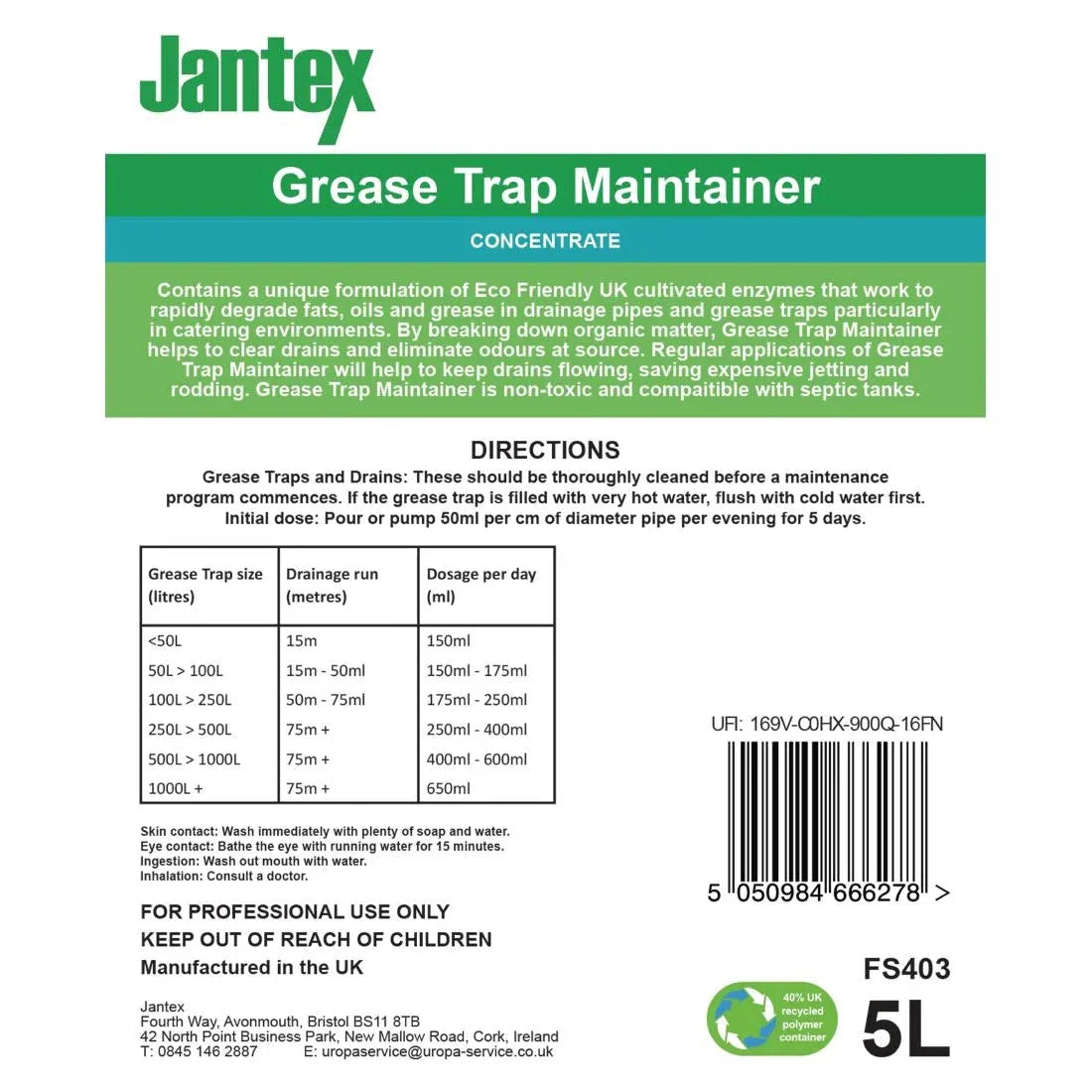 FS403 Jantex Green Grease Trap Maintainer Concentrate 5Ltr JD Catering Equipment Solutions Ltd