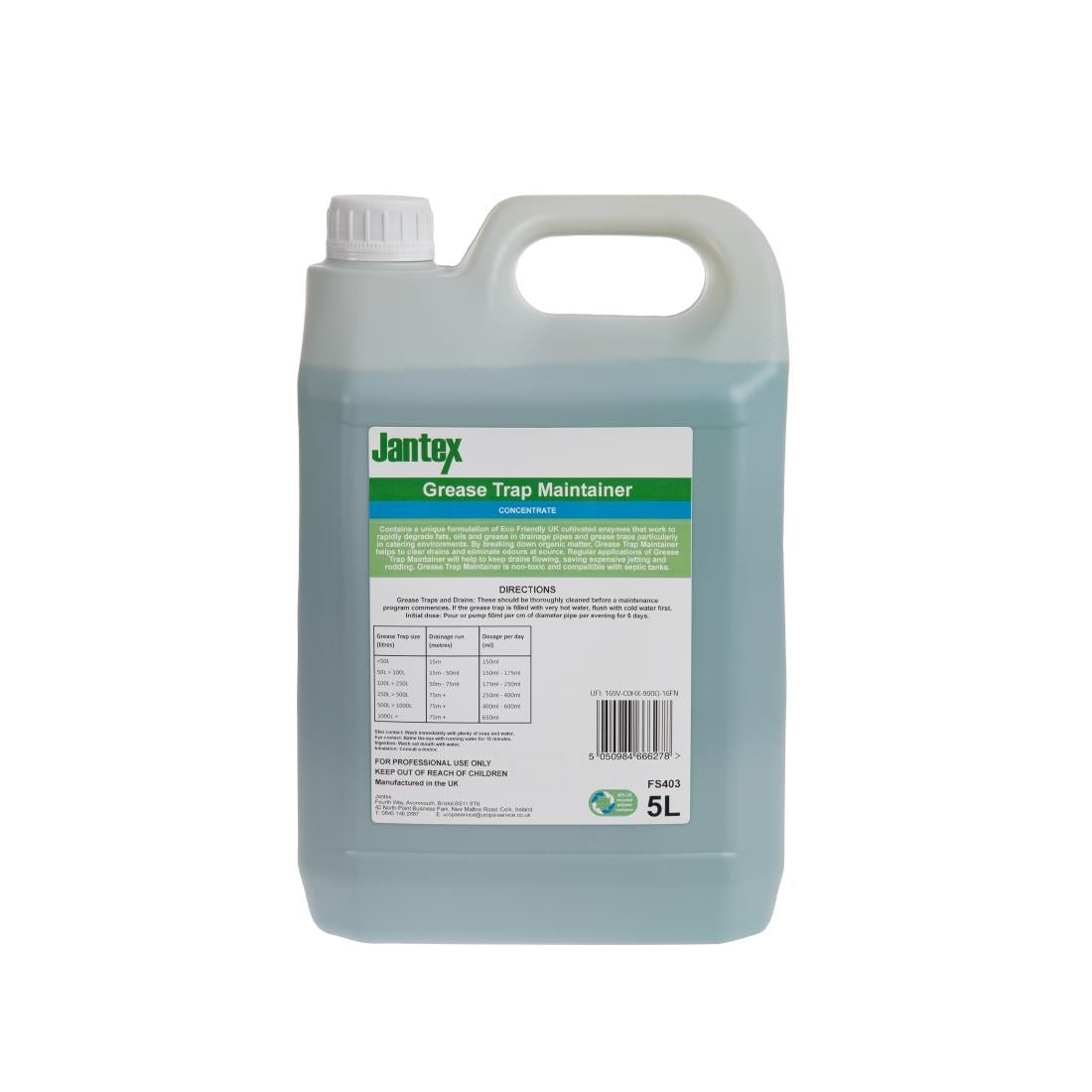 FS403 Jantex Green Grease Trap Maintainer Concentrate 5Ltr JD Catering Equipment Solutions Ltd