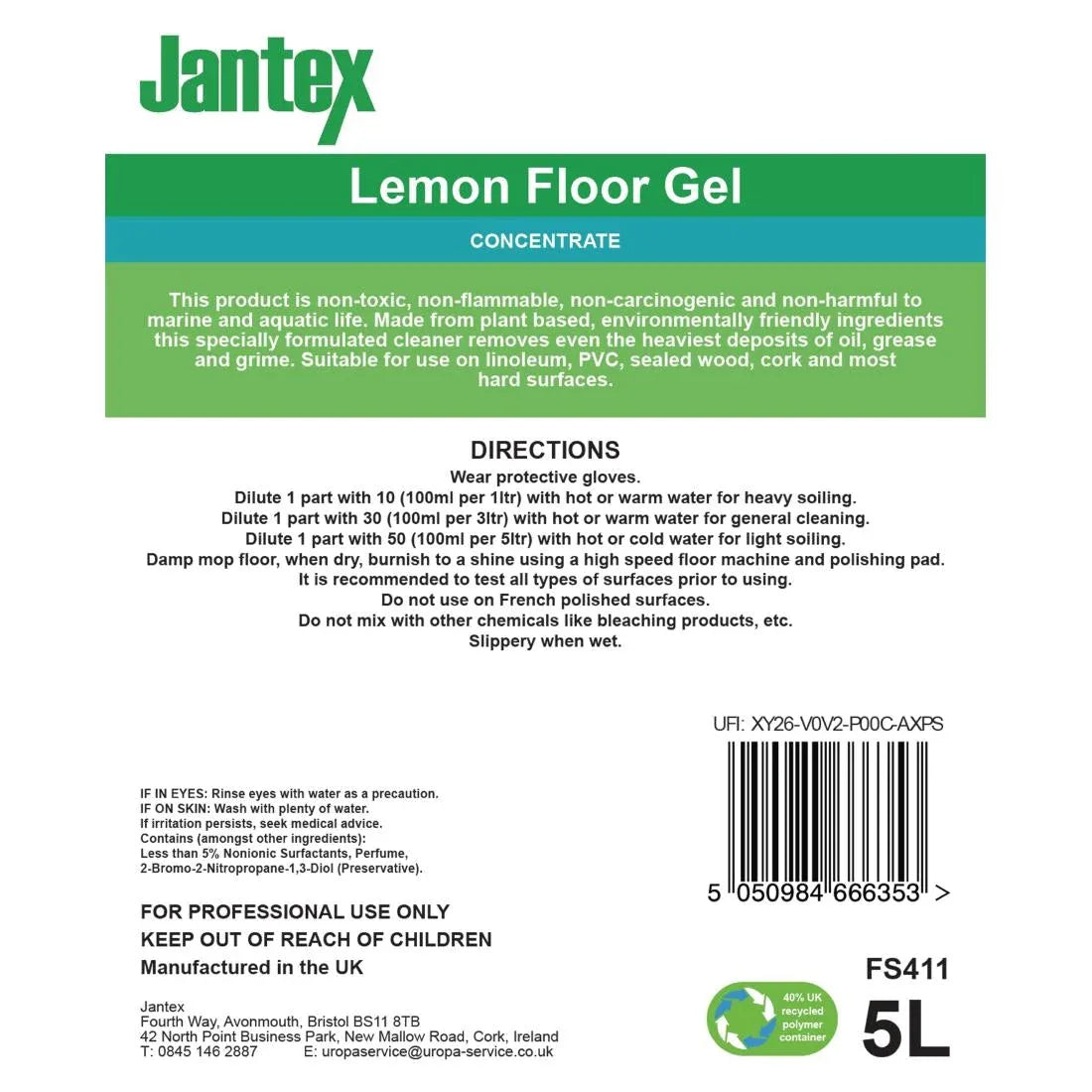 FS411 Jantex Green Lemon Floor Gel Cleaner Concentrate 5Ltr JD Catering Equipment Solutions Ltd