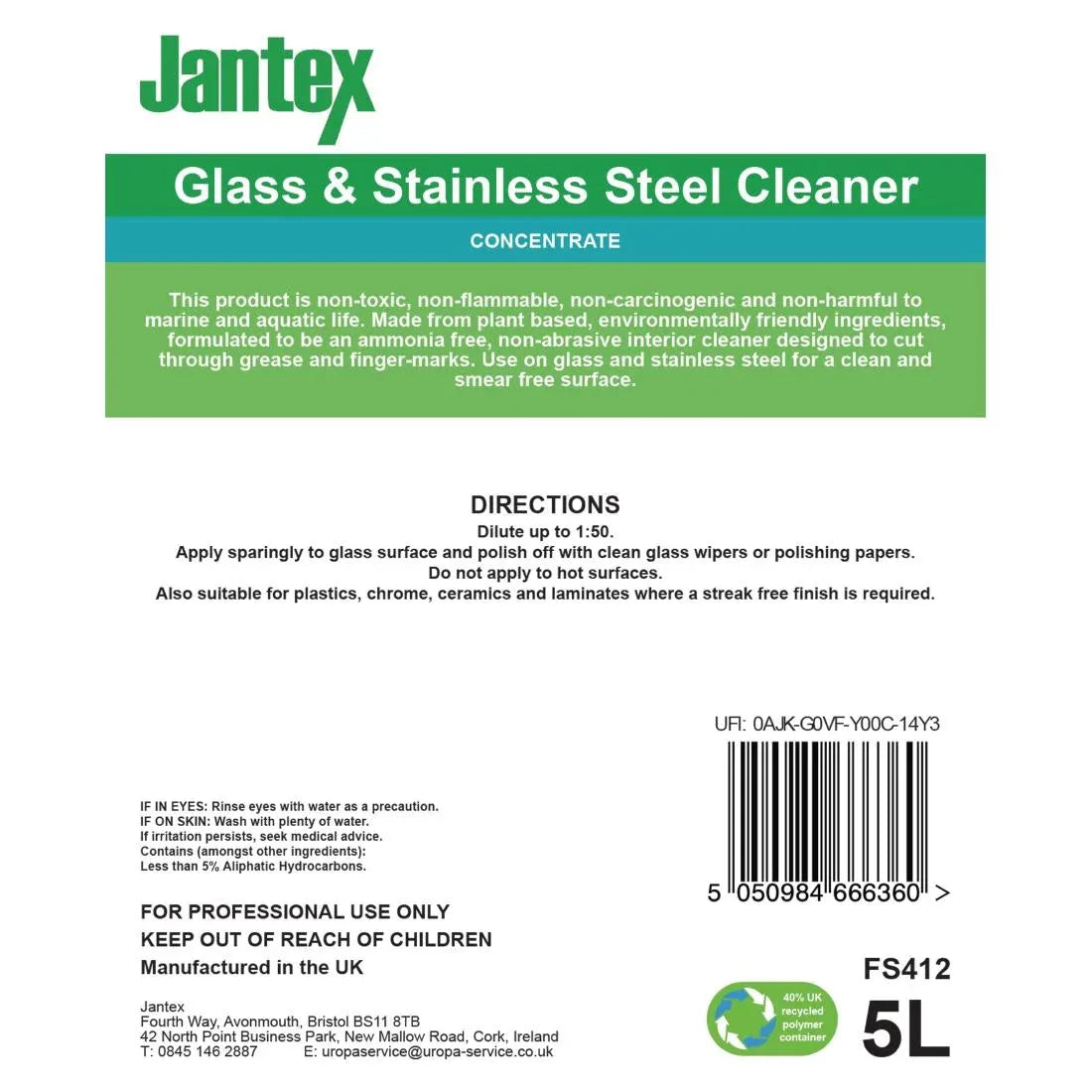 FS412 Jantex Green Glass and Stainless Steel Cleaner Concentrate 5Ltr - JD Catering Equipment Solutions Ltd