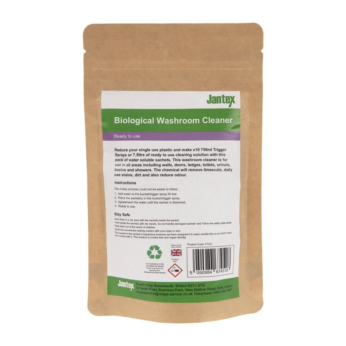 FT321 Jantex Green Biological Washroom Cleaner Sachets (Pack of 10) JD Catering Equipment Solutions Ltd