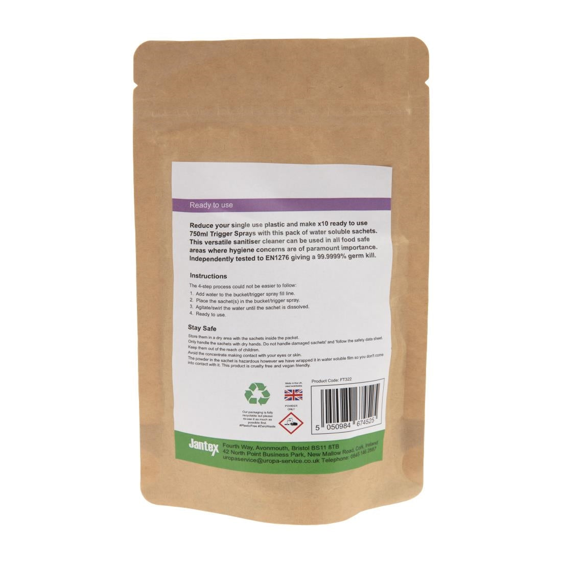 FT322 Jantex Green Kitchen Surface Sanitiser Sachets (Pack of 10) JD Catering Equipment Solutions Ltd