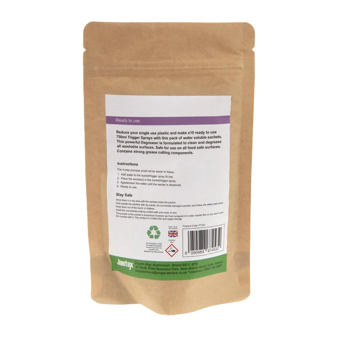 FT323 Jantex Green Kitchen Degreaser Cleaner Sachets (Pack of 10) - JD Catering Equipment Solutions Ltd