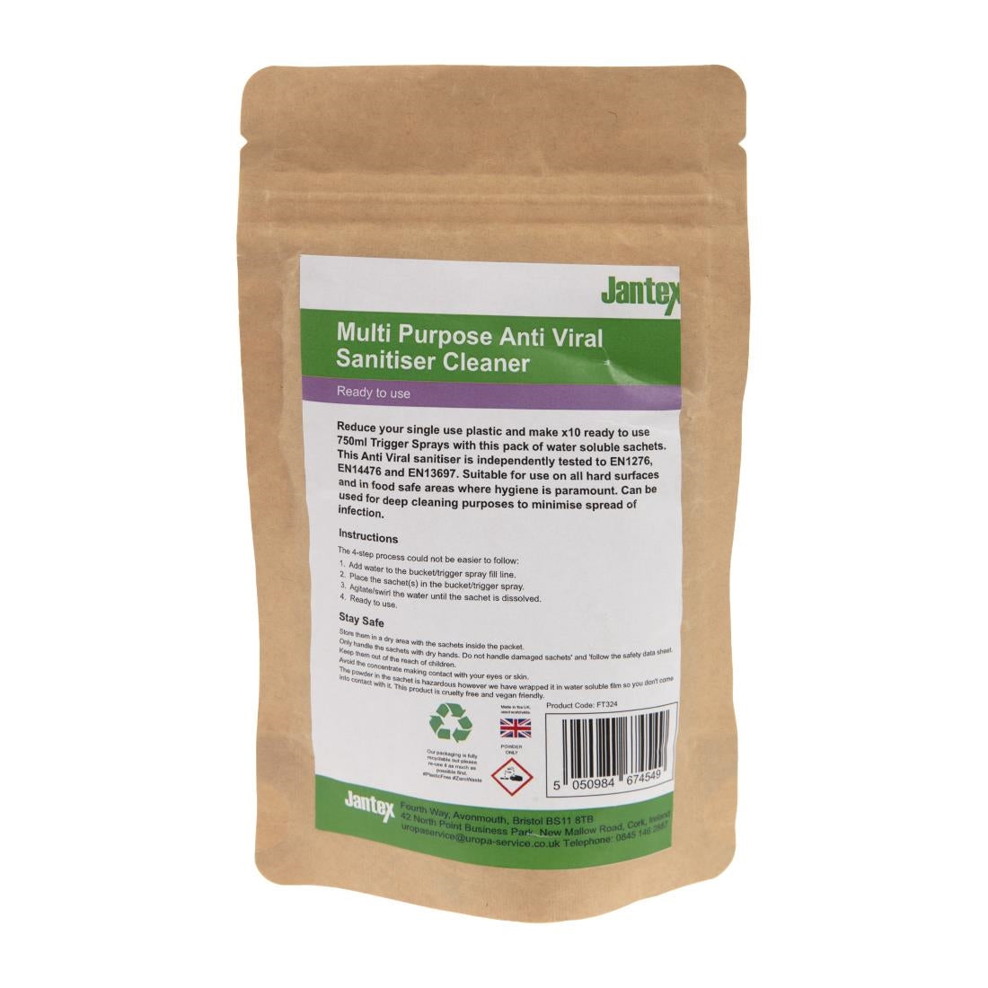 FT324 Jantex Green Anti-Viral Cleaner Sachets (Pack of 10) JD Catering Equipment Solutions Ltd