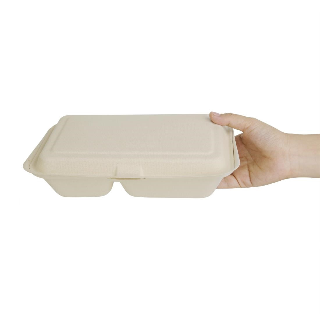 Fiesta Green Compostable Bagasse Two-Compartment Hinged Food Containers Natural Colour 253mm x200 JD Catering Equipment Solutions Ltd