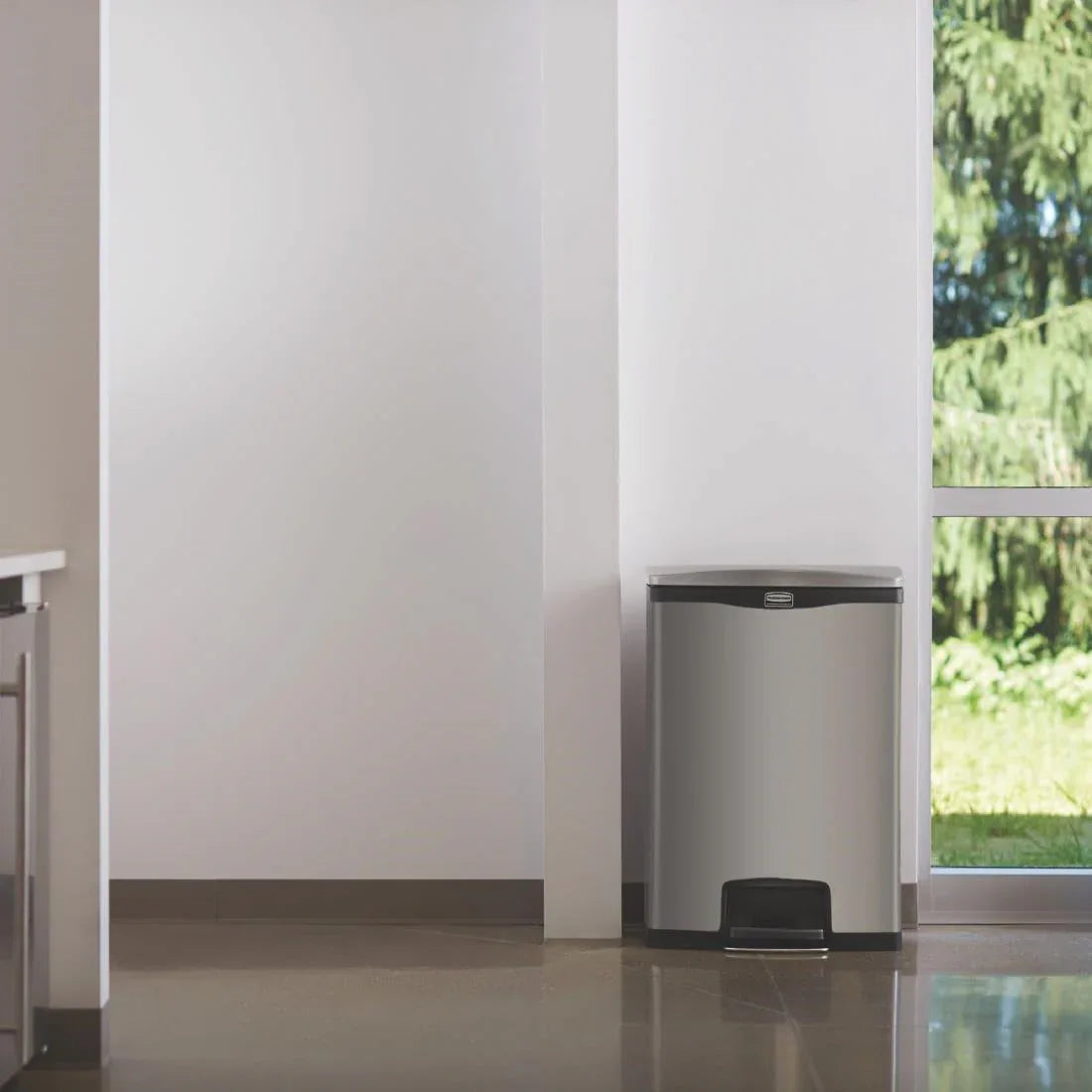 GE939 Rubbermaid Slim Jim Front Step on Pedal Bin Stainless Steel 90Ltr - JD Catering Equipment Solutions Ltd