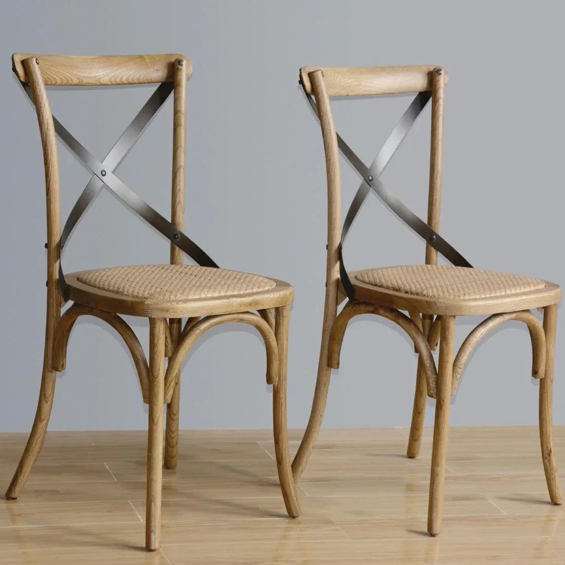GG656 Bolero Natural Bentwood Chairs with Metal Cross Backrest (Pack of 2) - JD Catering Equipment Solutions Ltd