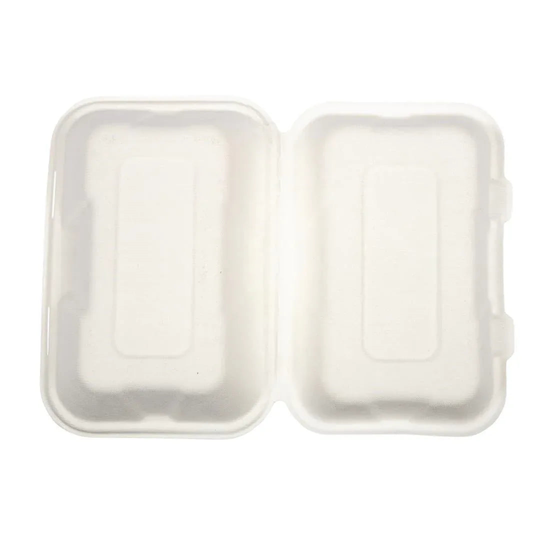 GH026 Vegware Compostable Bagasse Clamshell Hinged Meal Boxes 228mm - JD Catering Equipment Solutions Ltd