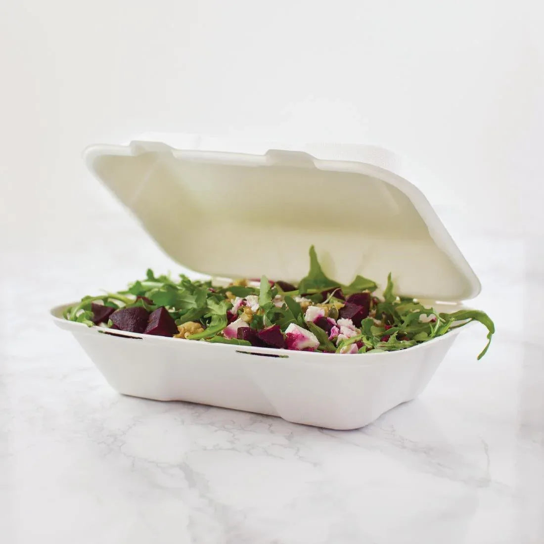 GH026 Vegware Compostable Bagasse Clamshell Hinged Meal Boxes 228mm - JD Catering Equipment Solutions Ltd