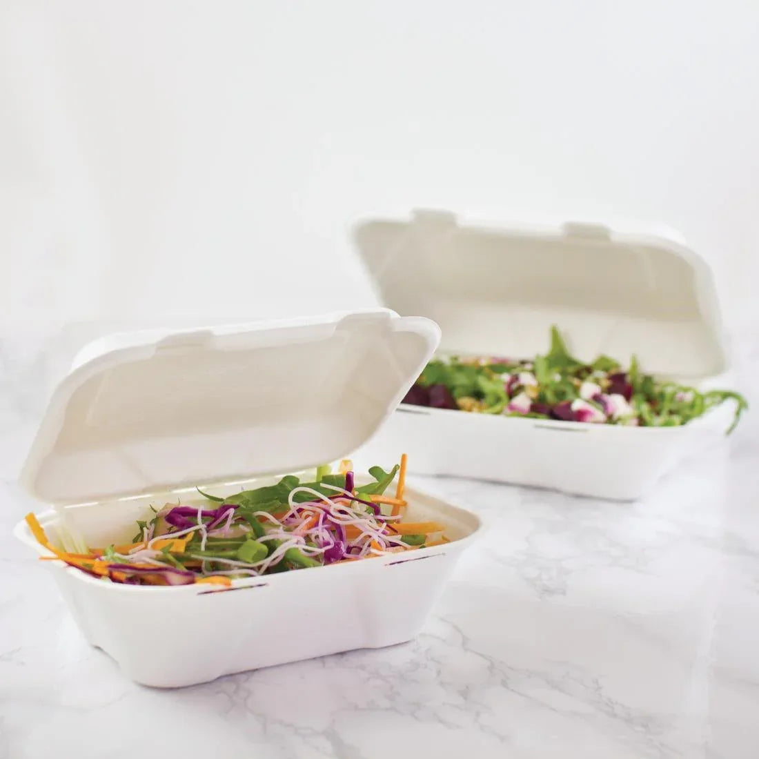 GH026 Vegware Compostable Bagasse Clamshell Hinged Meal Boxes 228mm - JD Catering Equipment Solutions Ltd