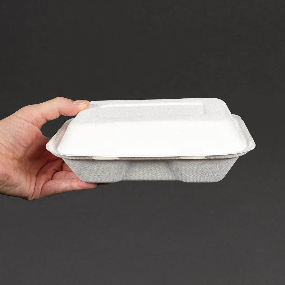 GH026 Vegware Compostable Bagasse Clamshell Hinged Meal Boxes 228mm - JD Catering Equipment Solutions Ltd