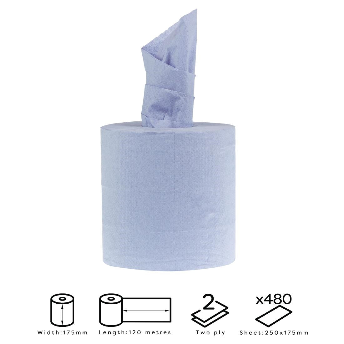 Jantex Centrefeed Blue Rolls 2-Ply 120m (Pack of 6) 2-Ply. Roll Length: 120m. Pack Quantity: 6. Sheet Width: 175mm JD Catering Equipment Solutions Ltd
