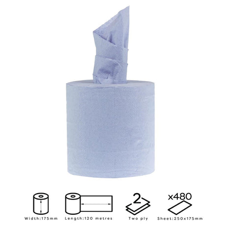Jantex Centrefeed Blue Rolls 2-Ply 120m (Pack of 6) 2-Ply. Roll Length: 120m. Pack Quantity: 6. Sheet Width: 175mm JD Catering Equipment Solutions Ltd