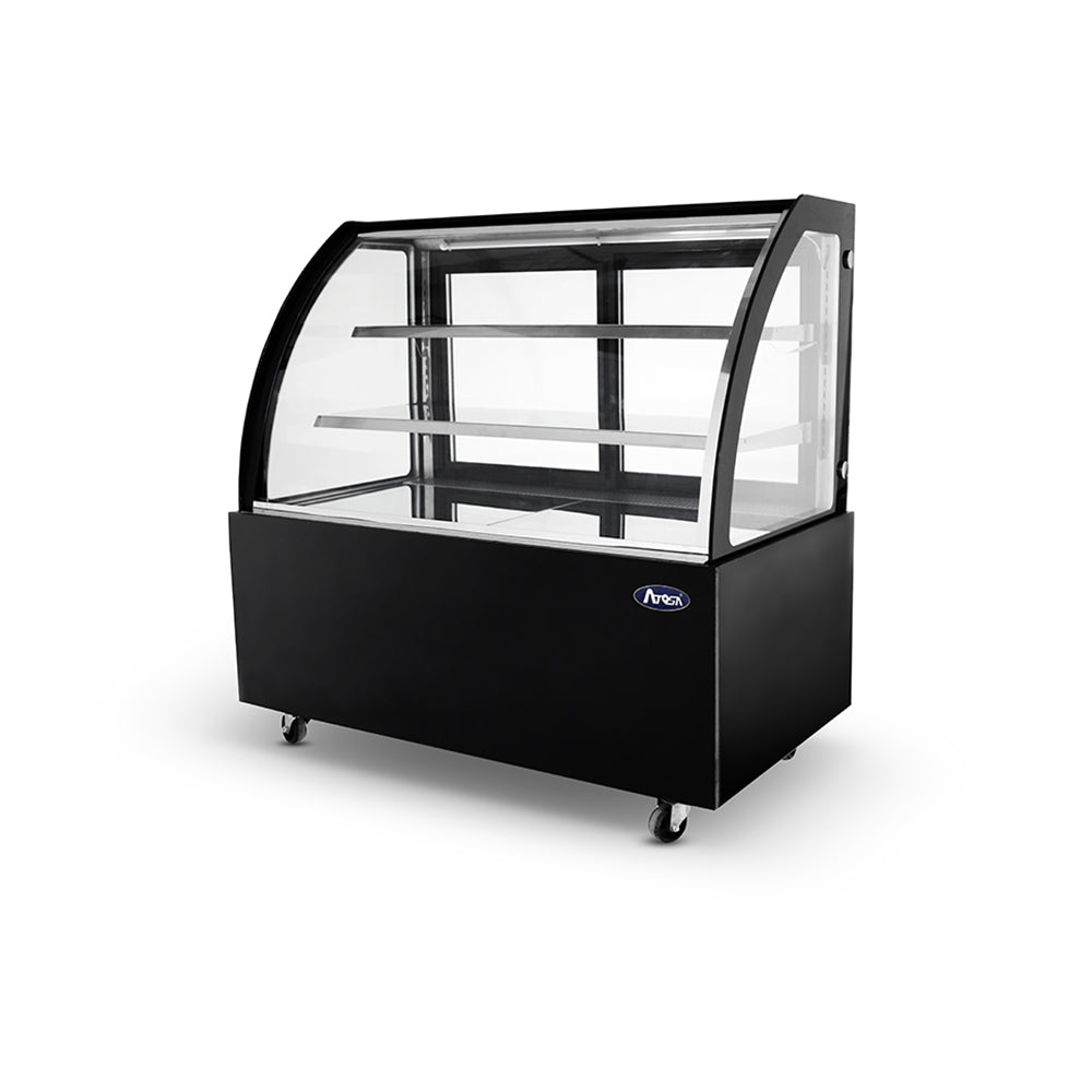 Atosa - WDG126D 1200mm wide, refrigerated curved fronted showcase with sliding door access.