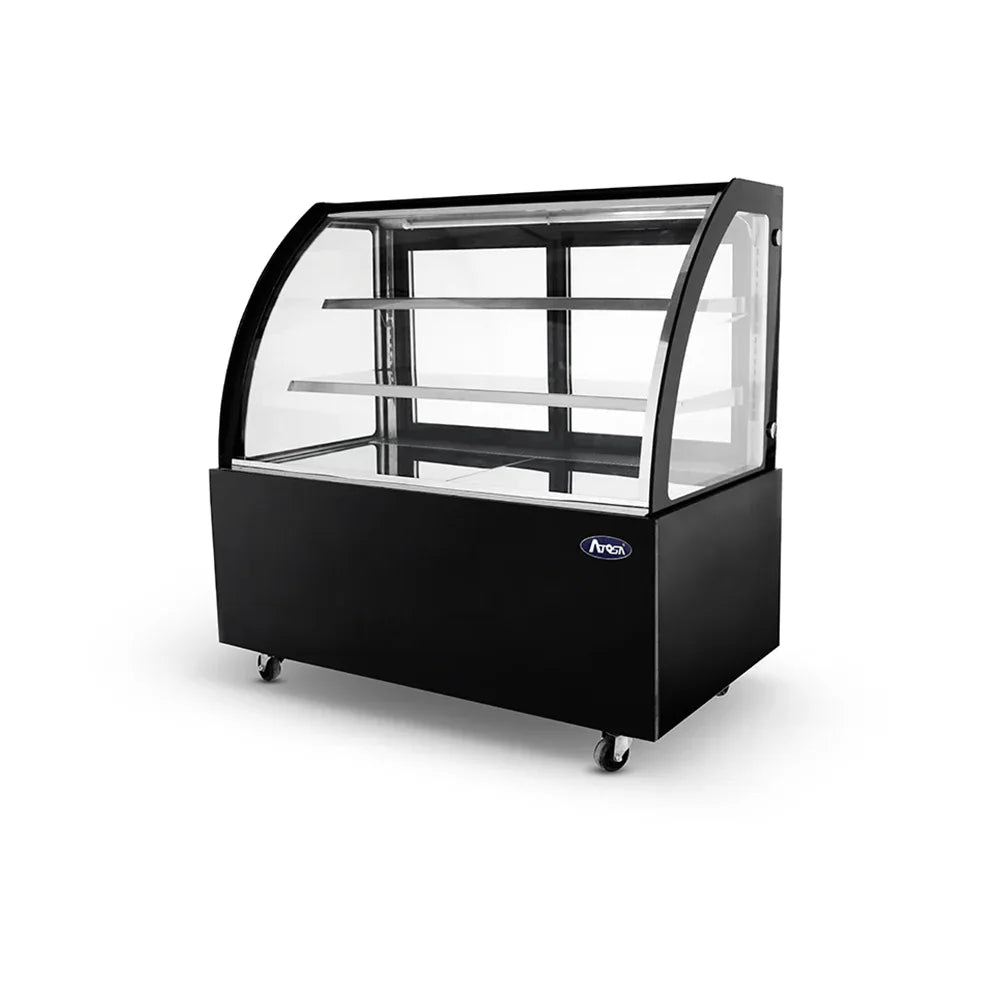 Atosa - WDG126D 1200mm wide, refrigerated curved fronted showcase with sliding door access.