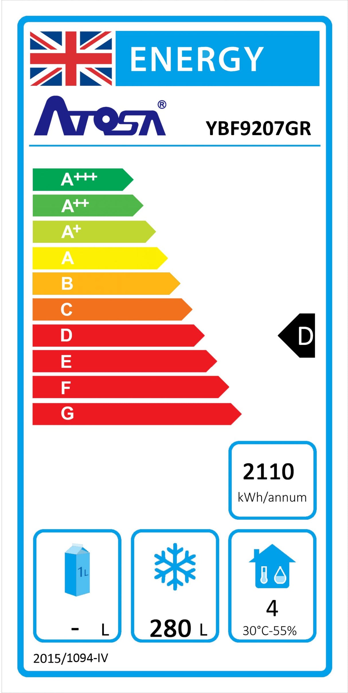 Atosa YBF9207GR Slimline Upright Single Door Freezer 410 Litre