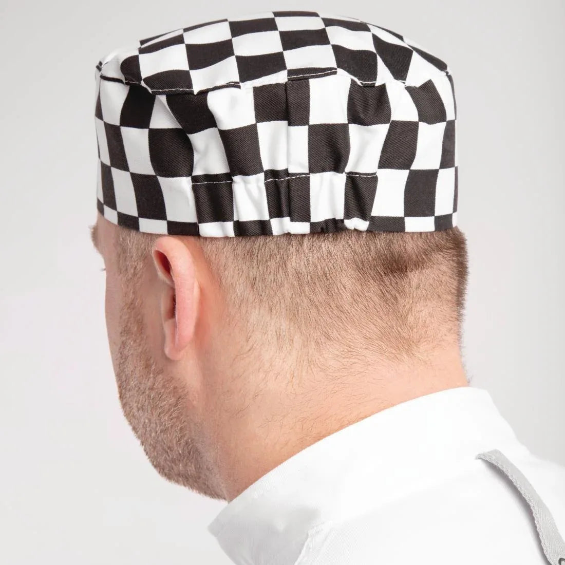 A161 Whites Chefs Skull Cap Big Black and White Check - JD Catering Equipment Solutions Ltd
