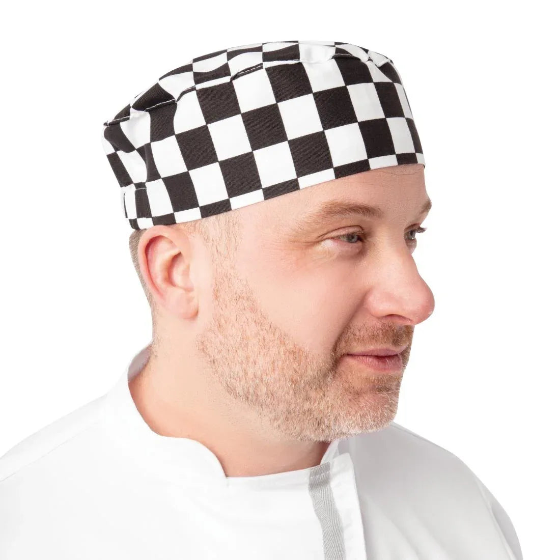 A161 Whites Chefs Skull Cap Big Black and White Check - JD Catering Equipment Solutions Ltd