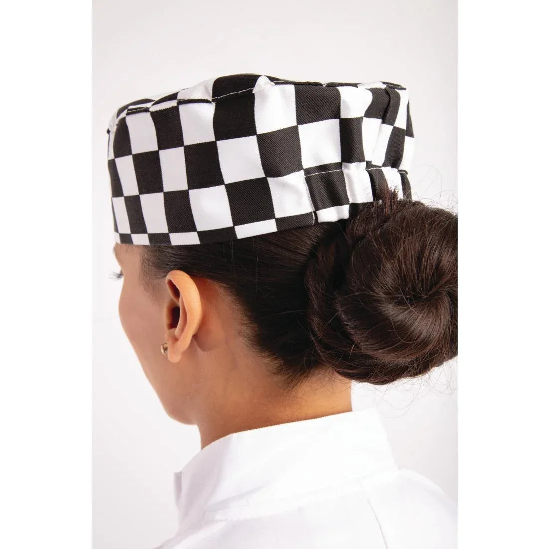 A161 Whites Chefs Skull Cap Big Black and White Check - JD Catering Equipment Solutions Ltd
