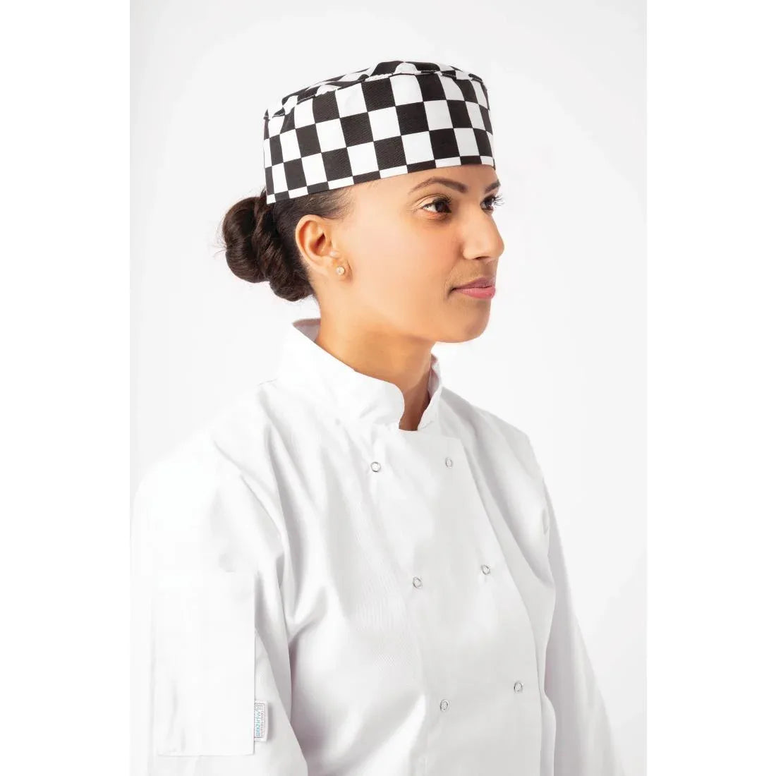 A161 Whites Chefs Skull Cap Big Black and White Check - JD Catering Equipment Solutions Ltd
