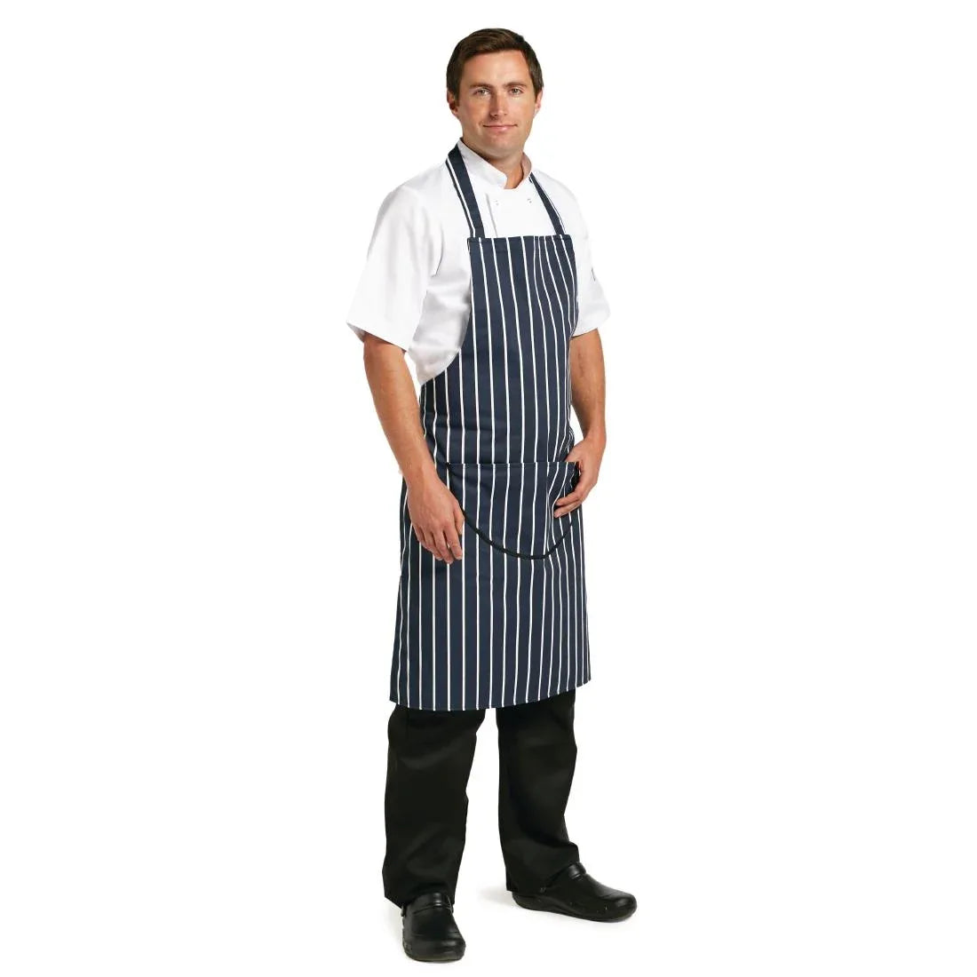 A535 Whites Butchers Apron Navy Stripe with Pocket - JD Catering Equipment Solutions Ltd