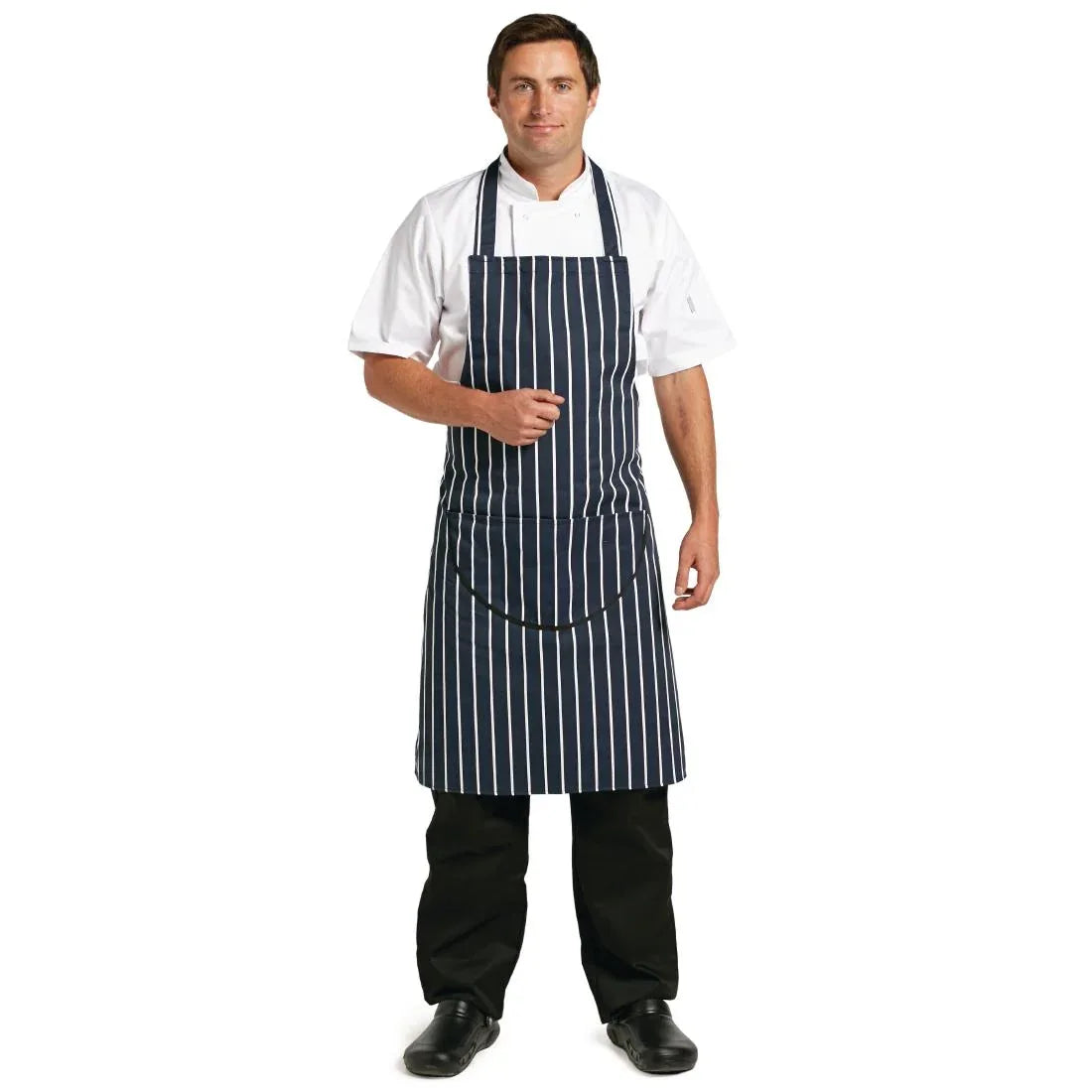 A535 Whites Butchers Apron Navy Stripe with Pocket - JD Catering Equipment Solutions Ltd