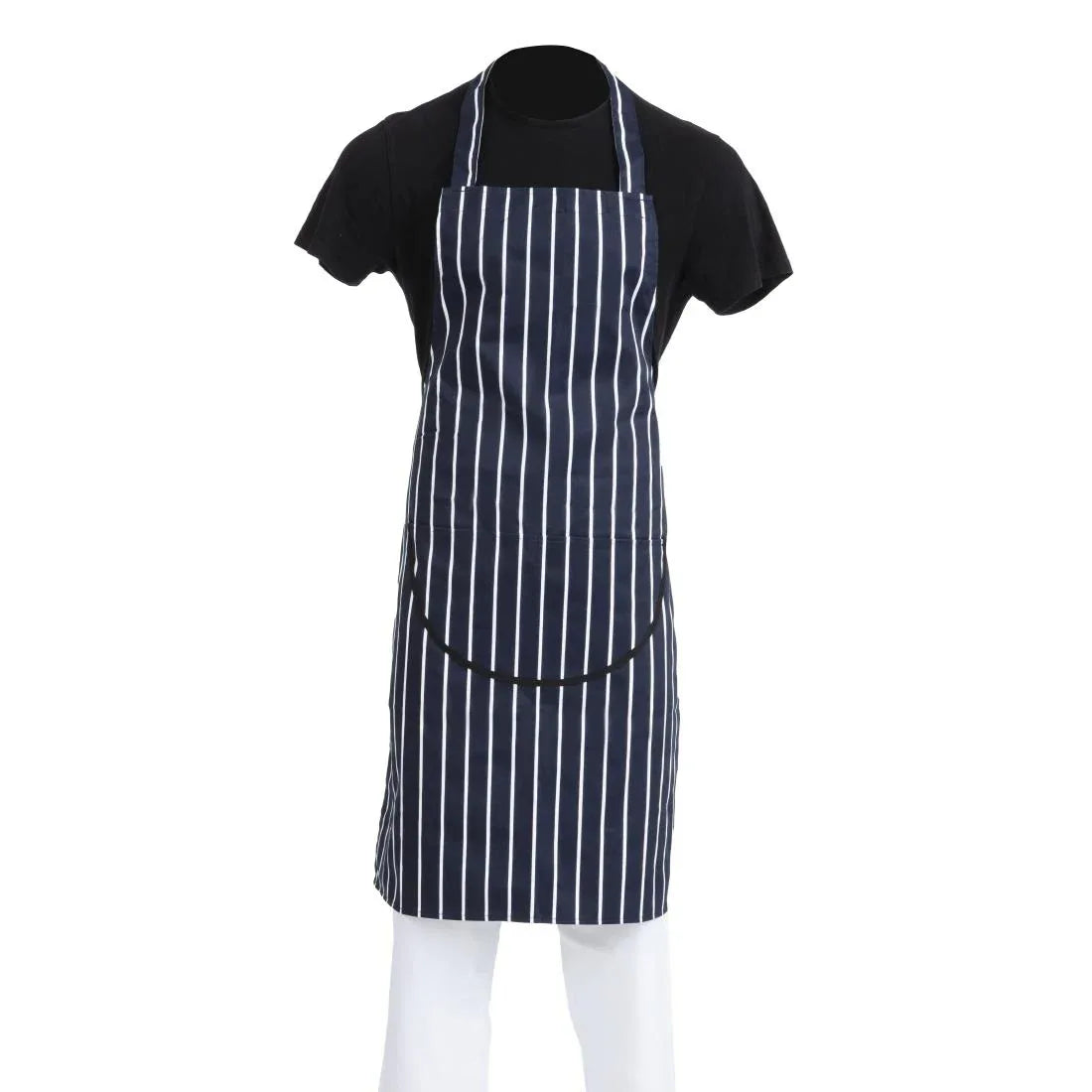 A535 Whites Butchers Apron Navy Stripe with Pocket - JD Catering Equipment Solutions Ltd
