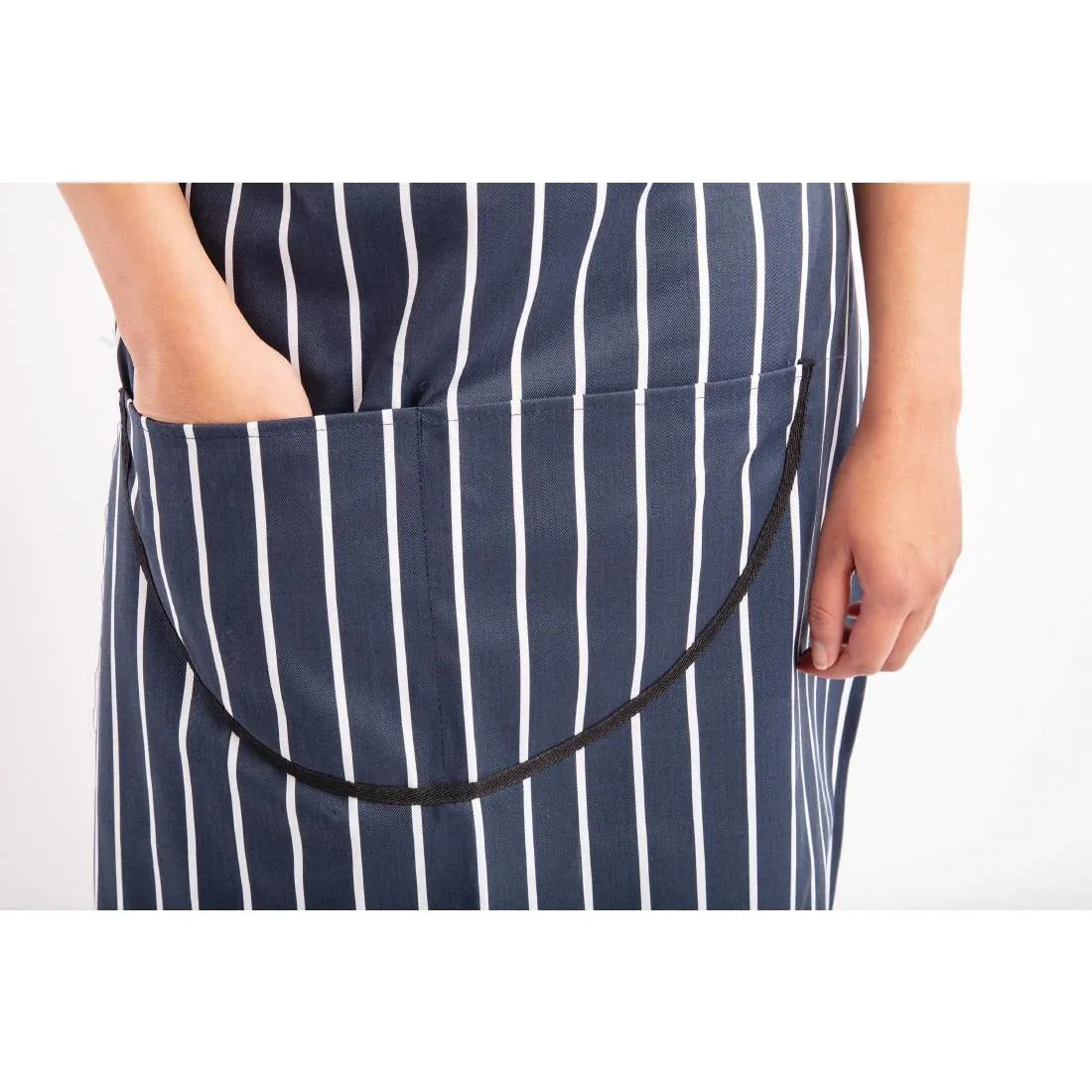 A535 Whites Butchers Apron Navy Stripe with Pocket - JD Catering Equipment Solutions Ltd