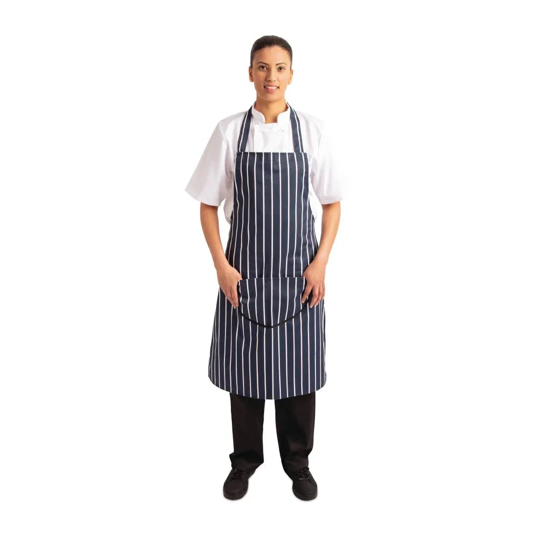 A535 Whites Butchers Apron Navy Stripe with Pocket - JD Catering Equipment Solutions Ltd