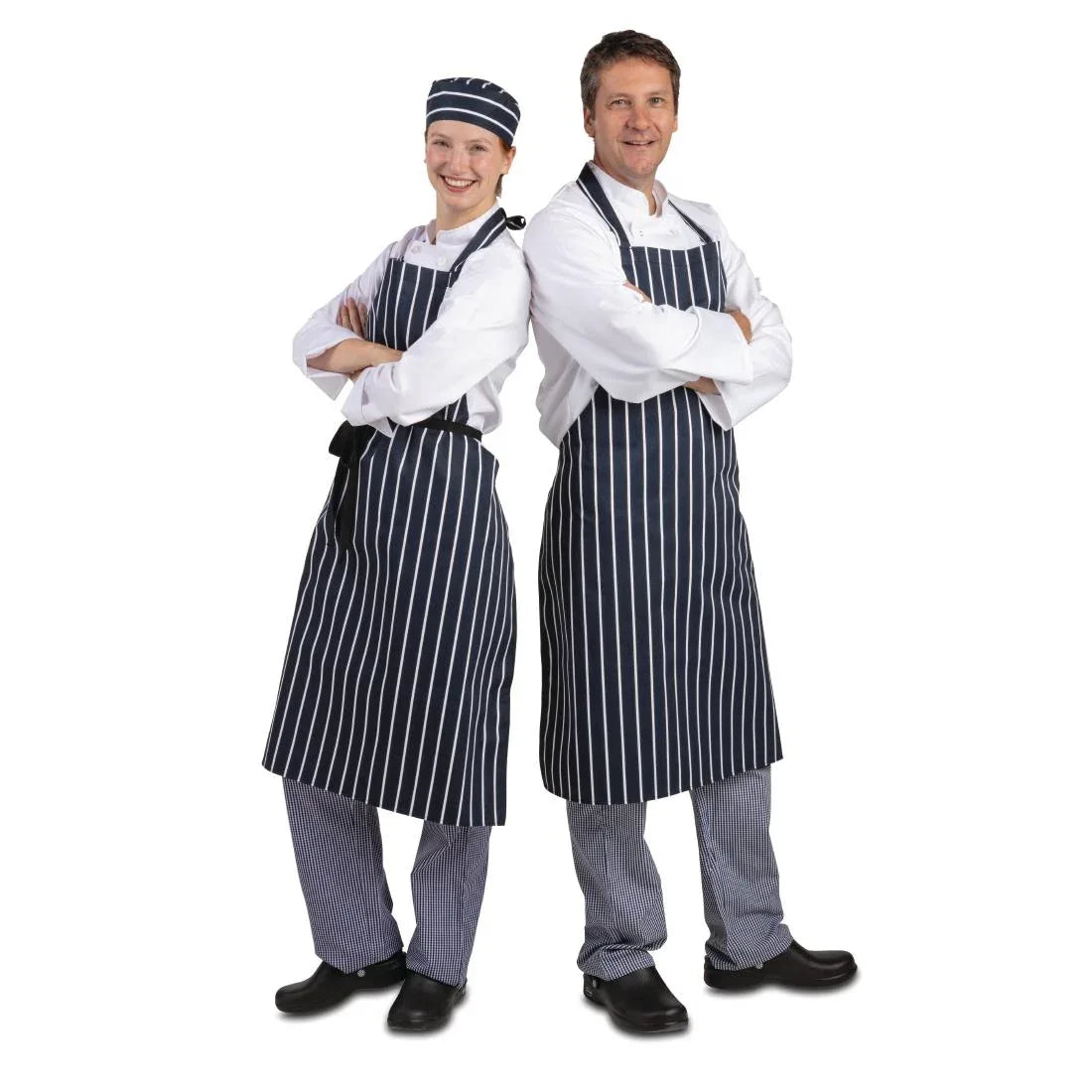 A662 Whites Butchers Apron Navy Stripe Extra Large - JD Catering Equipment Solutions Ltd