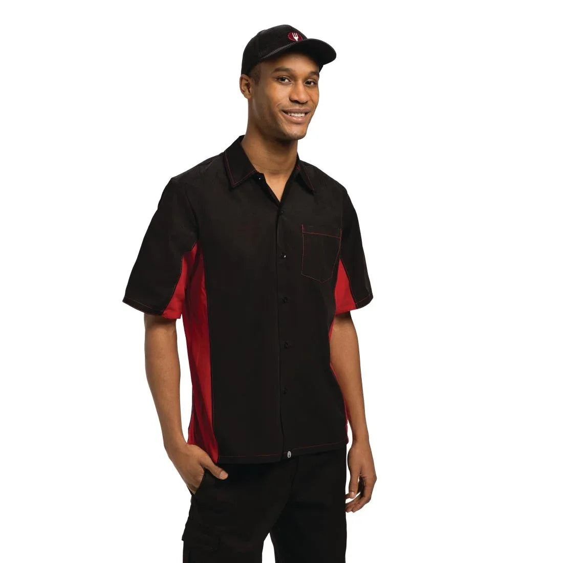 A952-XL Chef Works Unisex Contrast Shirt Black and Red XL - JD Catering Equipment Solutions Ltd
