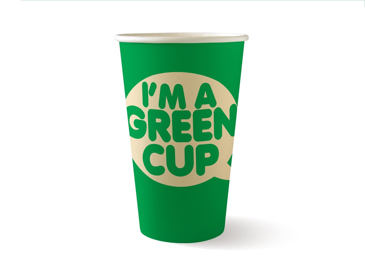 Single Wall BioCup - "I'm A Green Cup" - Smooth - 510ml / 16oz (90mm) - 1000/ctn - "I'm a Green Cup" aqueous green - BioPak commercial catering consumable