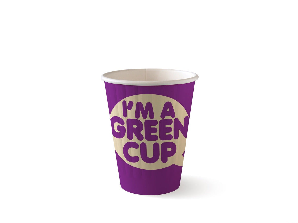 Double Wall BioCup - "I'm A Green Cup" - Panelled- 280ml / 8oz (80mm) - 1000/ctn - "I'm a Green Cup" aqueous purple - BioPak commercial catering consumable