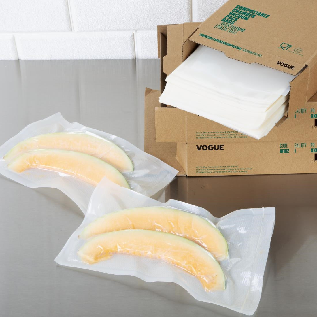 AT100 Vogue Compostable Chamber Vacuum Pack Bags 150x350mm (Pack of 100)