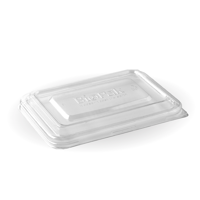 Rectangle RPET Takeaway Lid - 500&600ml - 500/ctn - clear - BioPak commercial catering consumable