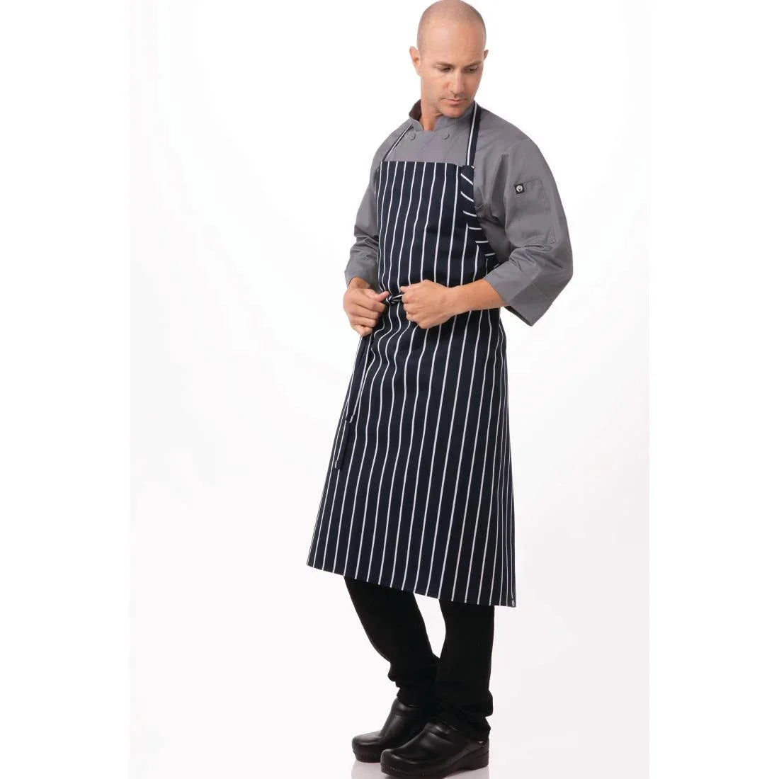 B249 Chef Works Premium Woven Bib Apron Navy and White Stripe - JD Catering Equipment Solutions Ltd