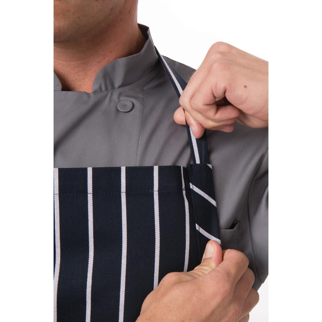 B249 Chef Works Premium Woven Bib Apron Navy and White Stripe