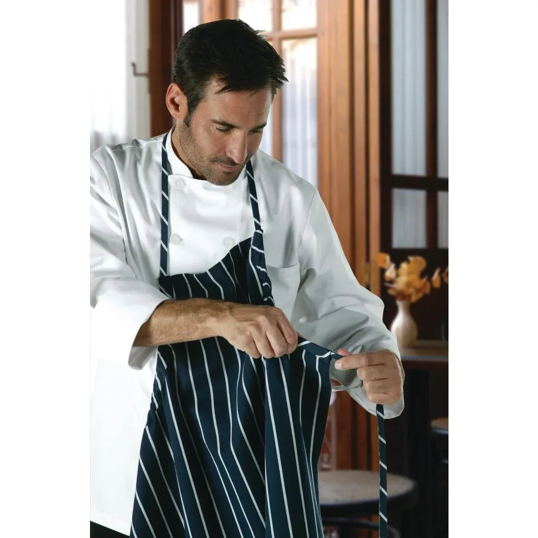 B249 Chef Works Premium Woven Bib Apron Navy and White Stripe - JD Catering Equipment Solutions Ltd