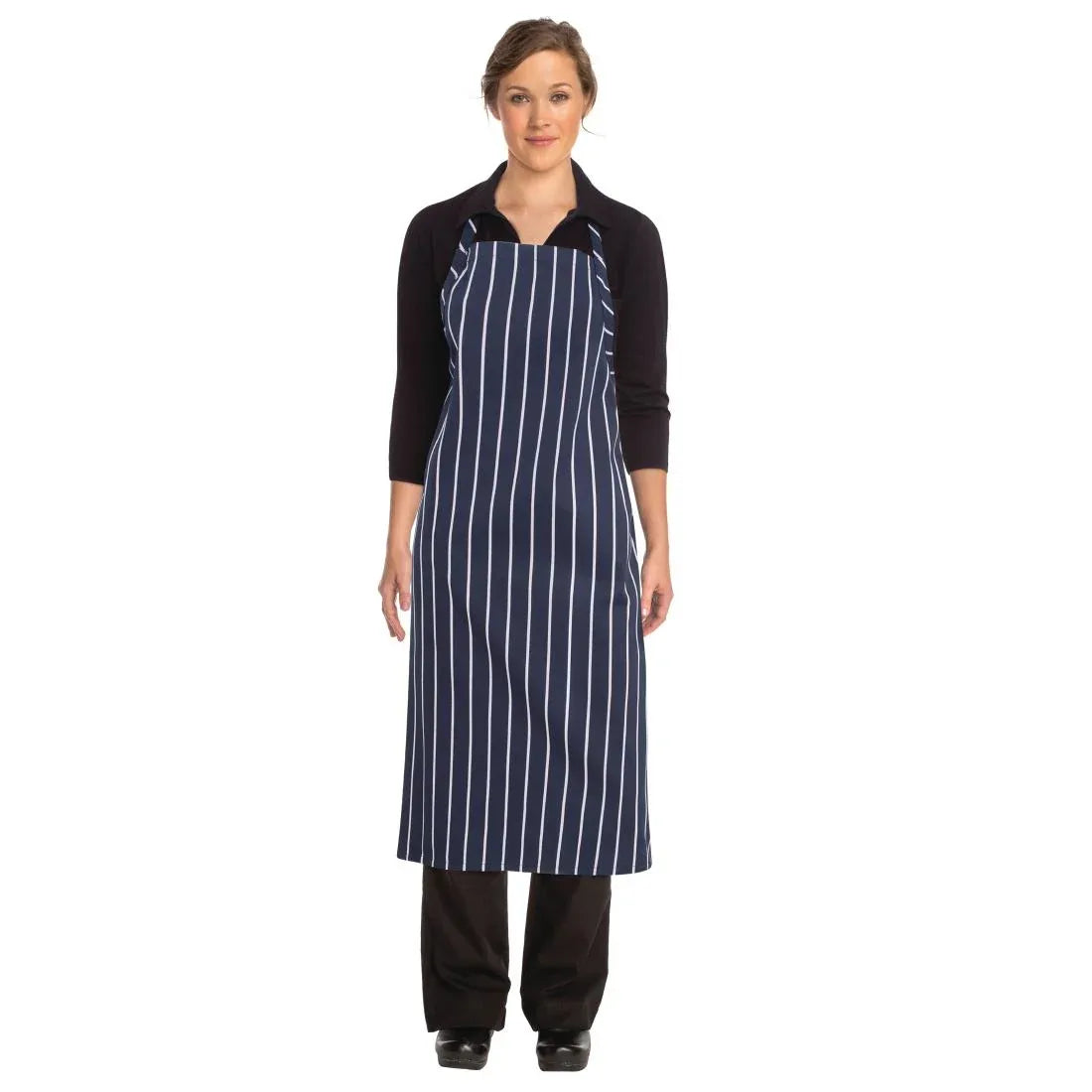 B249 Chef Works Premium Woven Bib Apron Navy and White Stripe - JD Catering Equipment Solutions Ltd