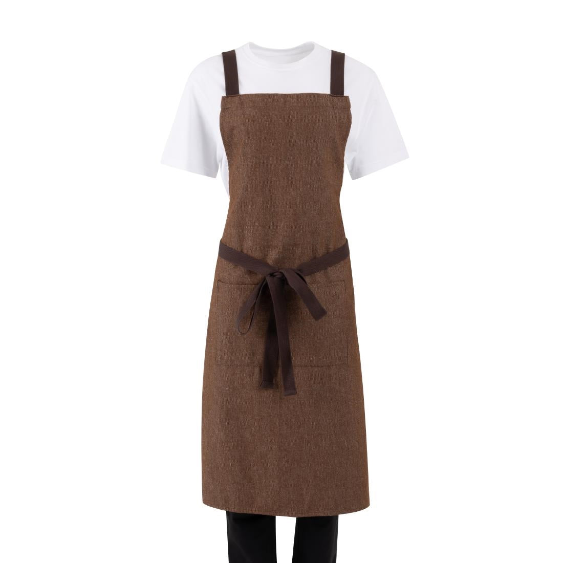 BA120 Southside X-Cross Back Bib Apron Denim Tan (Brown Ties) - 1000x700mm