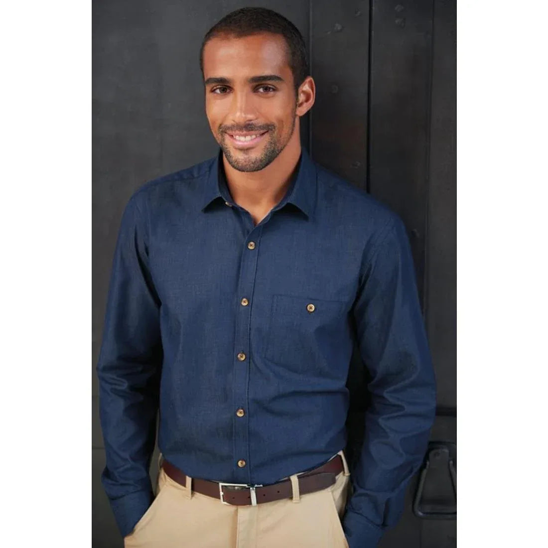 BA145-15.5 Brook Taverner Mens Jasper Long Sleeve Chambray Shirt Navy 15 1/2"