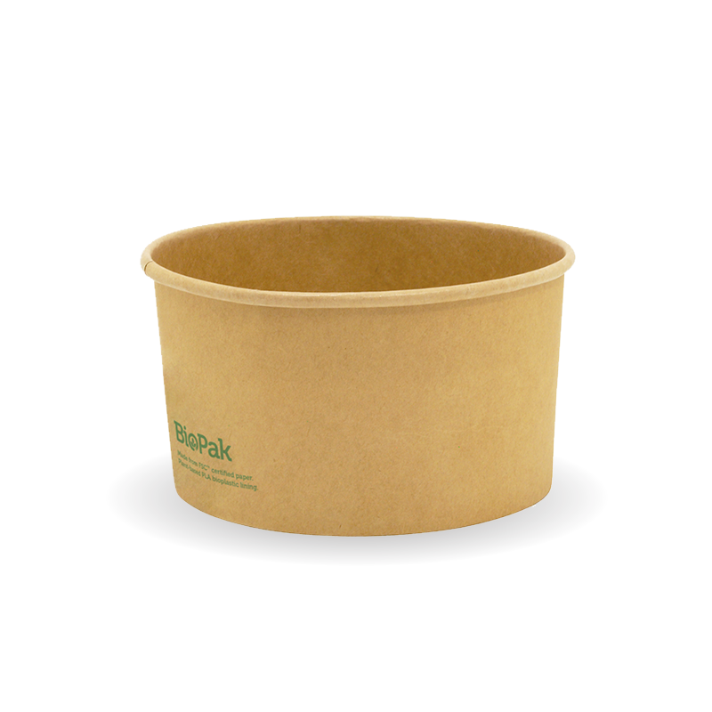 Wide Paper PLA Lined BioBowl - Kraft - Large - 1000ml - 400/ctn - printed kraft-look - BioPak commercial catering consumable