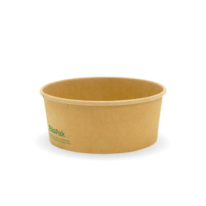 Wide Paper PLA Lined BioBowl - Kraft - Medium- 750ml - 400/ctn - printed kraft-look - BioPak commercial catering consumable