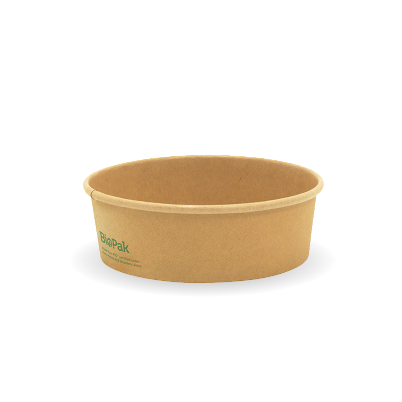 Wide Paper PLA Lined BioBowl - Kraft - Small - 500ml - 400/ctn - printed kraft-look - BioPak commercial catering consumable