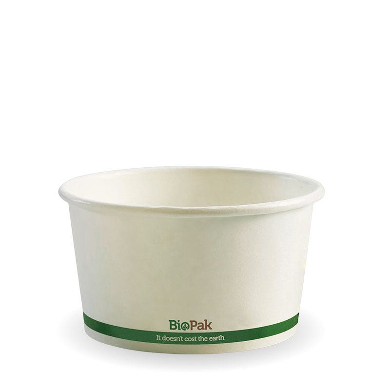 Paper PLA Lined BioBowl- White - 430ml / 12oz - 500/ctn - white green stripe - BioPak commercial catering consumable
