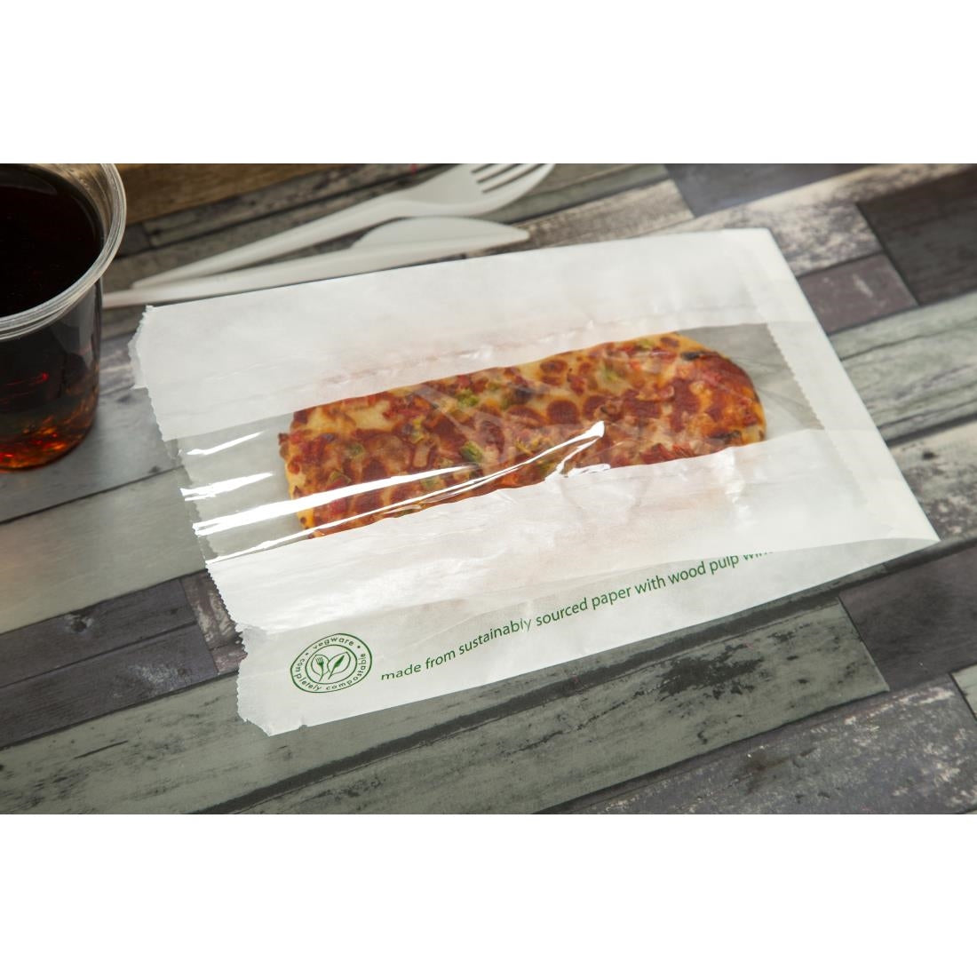 Vegware Compostable Glassine Hot Food Bags With NatureFlex Window Large ( 500 Pack)
