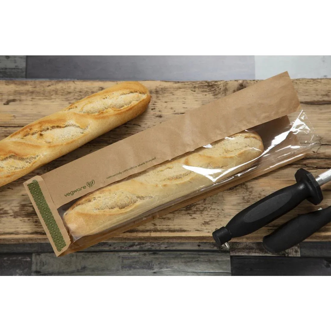 CL693 Vegware Compostable Kraft Baguette Bags With PLA Window (Pack of 1000) - JD Catering Equipment Solutions Ltd