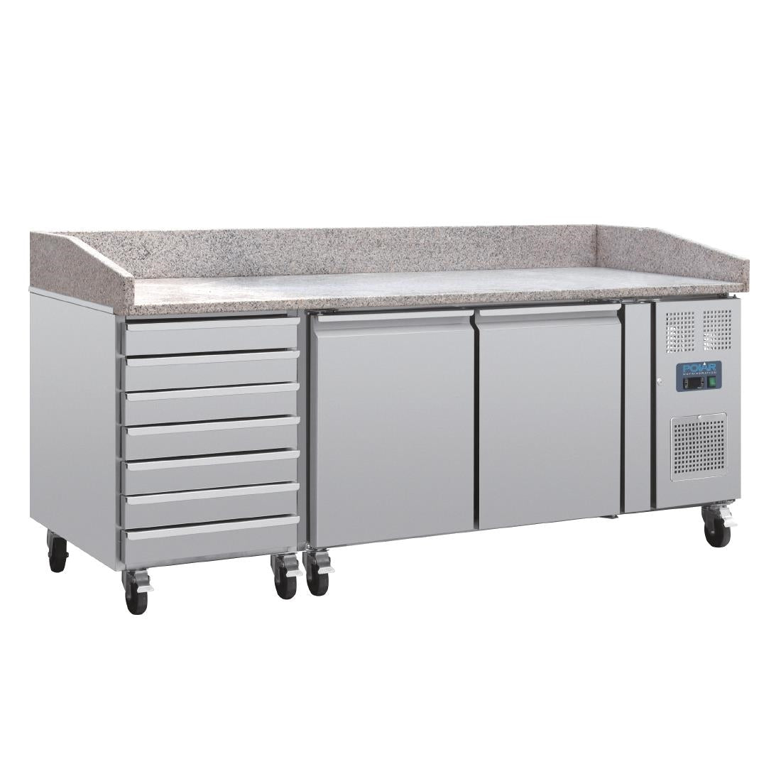 Polar U-Series Double Door Pizza Counter with Granite Top & Dough Drawers 290Ltr